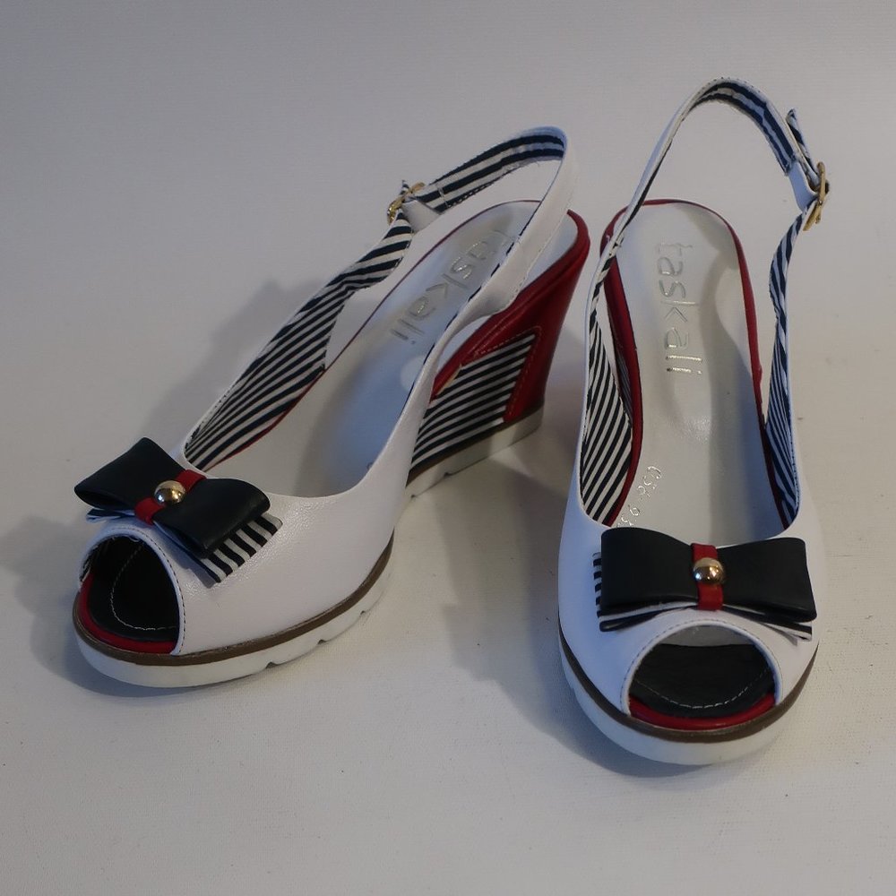 Womens Taskali White Blue Red Peep Toe Leather Slingback Wedge Heels 39 US/9 *
